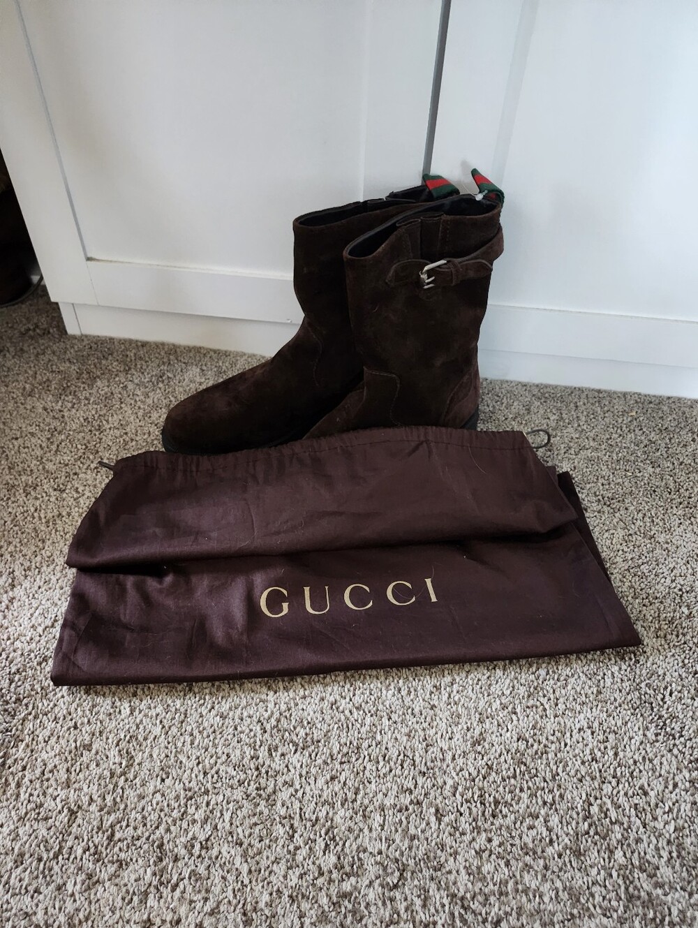 GUCCI Brown Suede Womens Pull-On Boots with Buckle Sz 8 Comes with Dust Bag